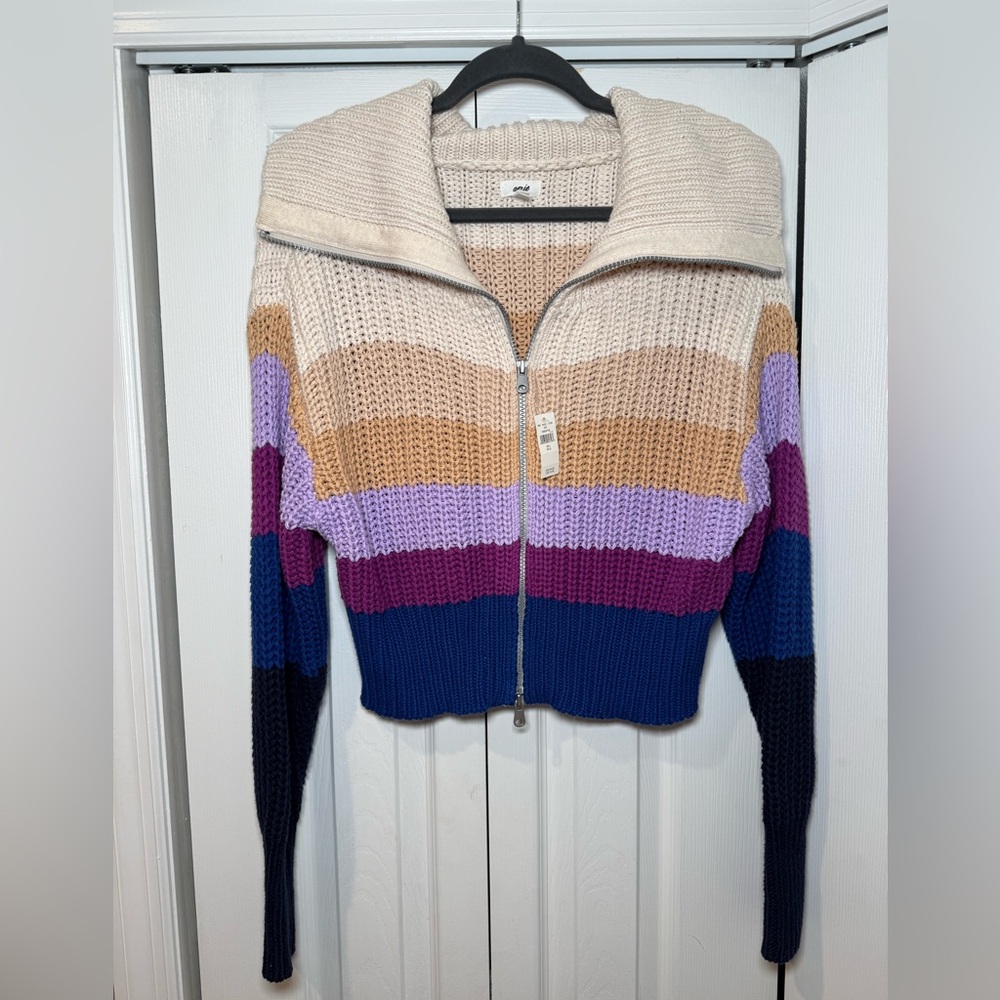 Aerie Multicolor Striped Zip-Up Cardigan